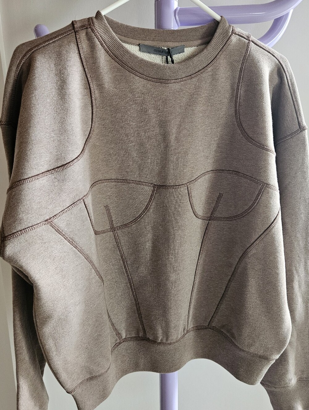 Women's Crewneck Sweatshirt in Taupe with Bra Contour Stitching - Size XS